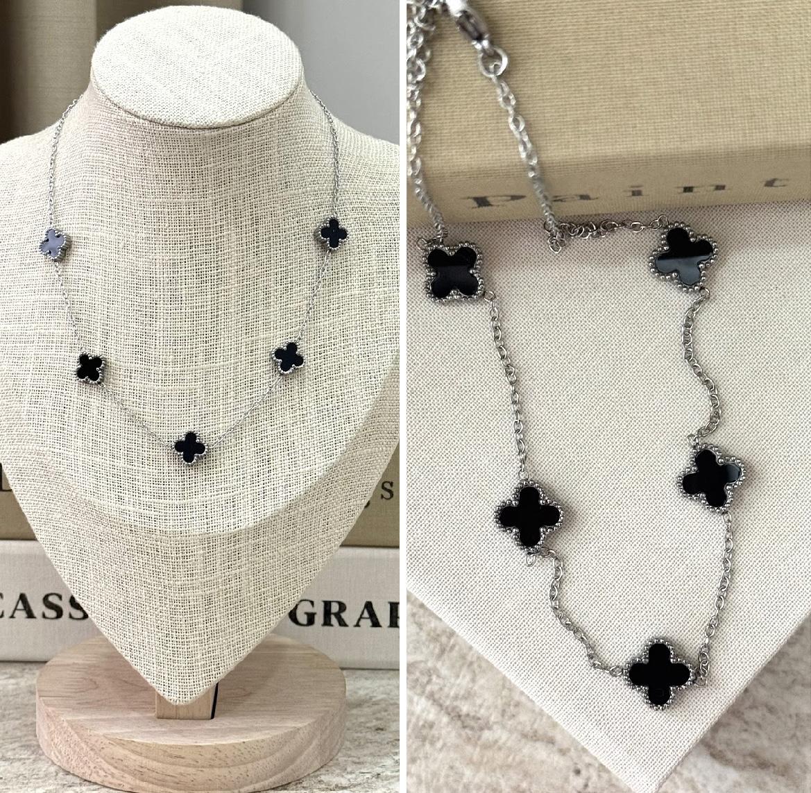 Çelik Büyük Yonca Kolye - Siyah Gümüş