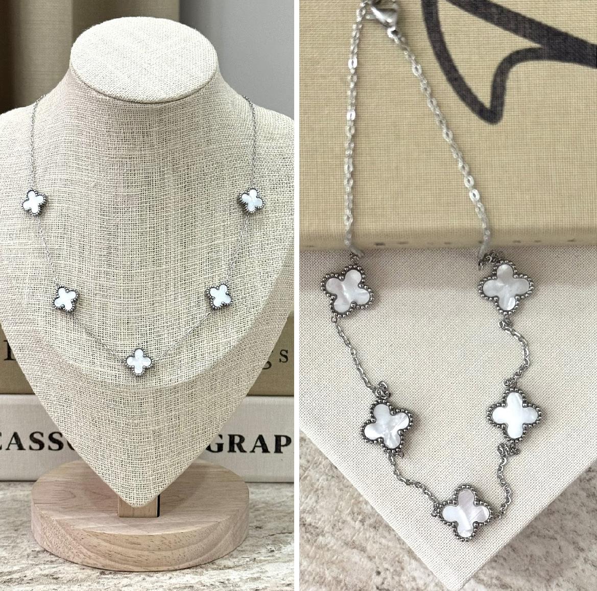 Çelik Büyük Yonca Kolye - Beyaz Gümüş