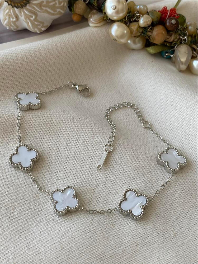 Çelik Büyük Yonca Bileklik - Beyaz Gümüş