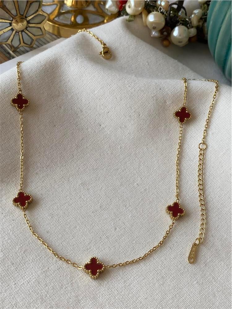 Çelik Küçük Yonca Kolye - Bordo Gold