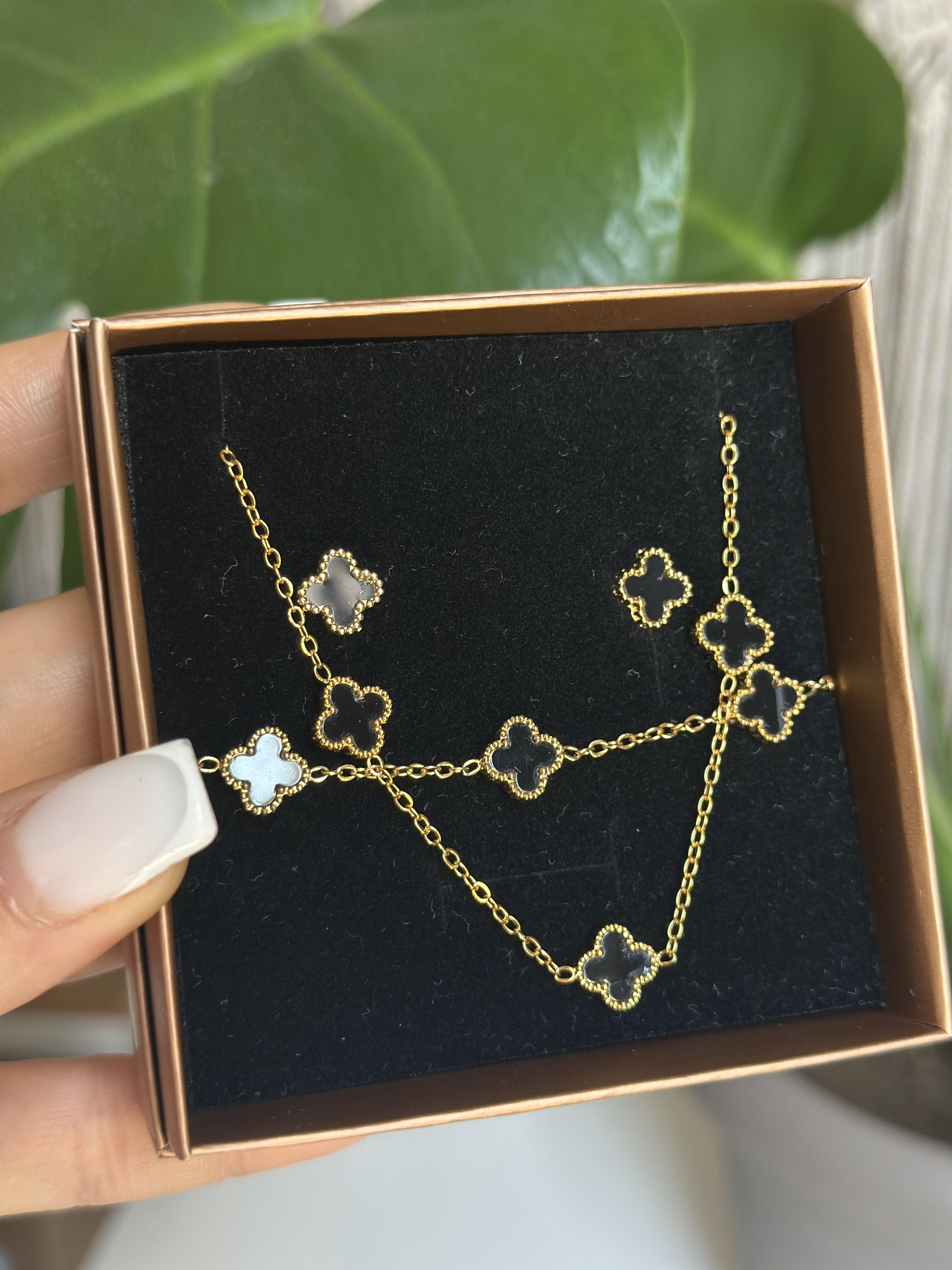 Çelik Küçük Yonca Set (Kolye+Bileklik+Küpe) - Siyah Gold